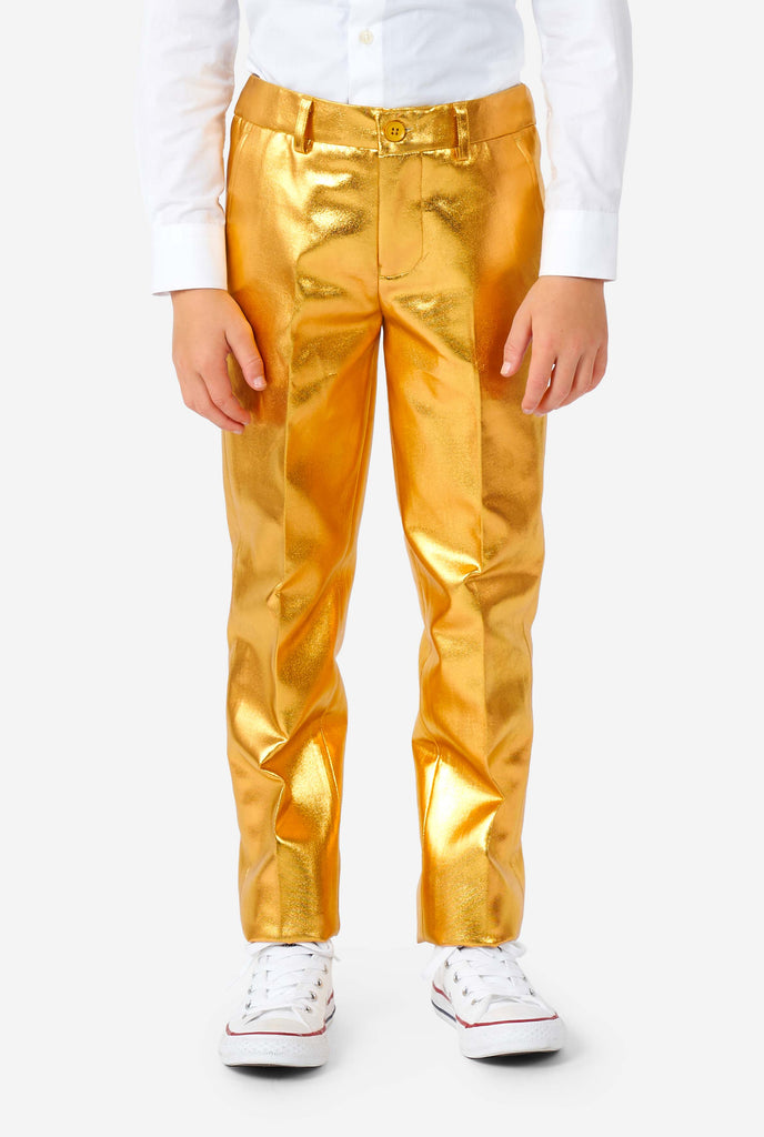 Boy wearing shining groovy gold suit, pants view