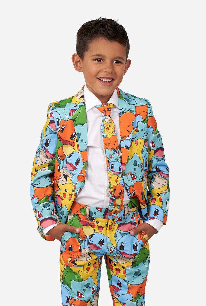 Boy wearing pokemon print suit