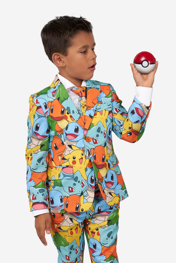 Boy wearing pokemon print suit