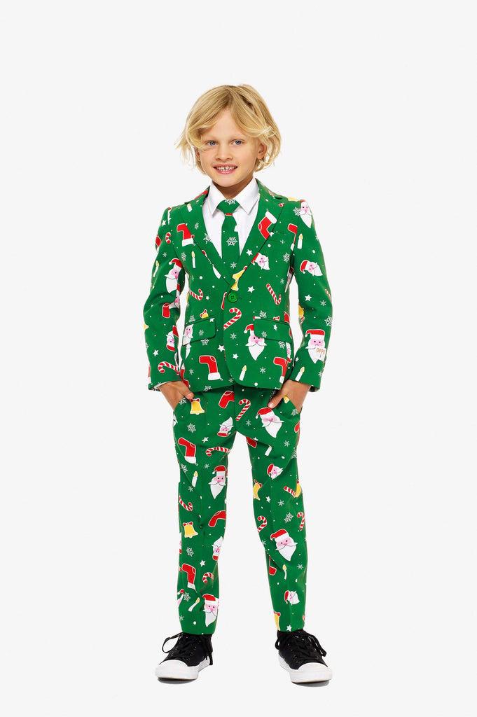 Green Christmas suit for boys with Christmas cartoon icons worn by boy