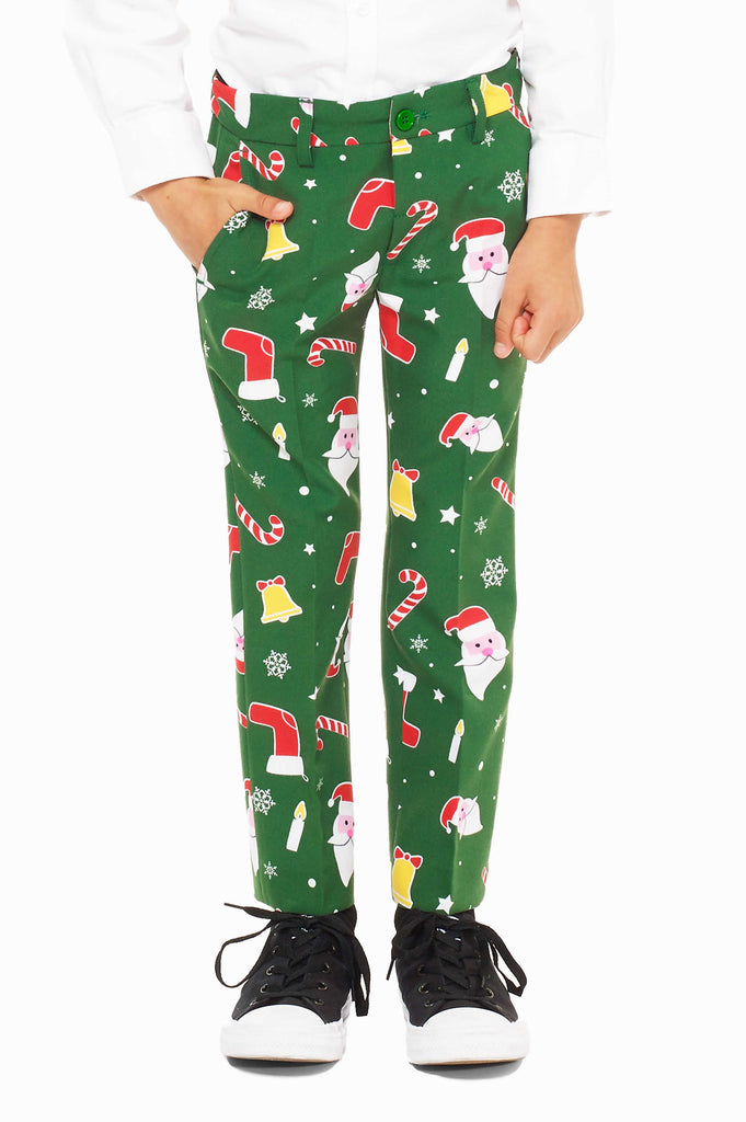 Green Christmas suit for boys with Christmas cartoon icons worn by boy, pants view