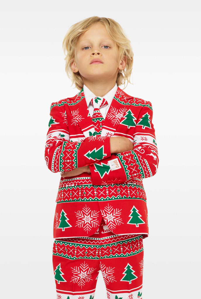 Red christmas suit for boys worn by boy