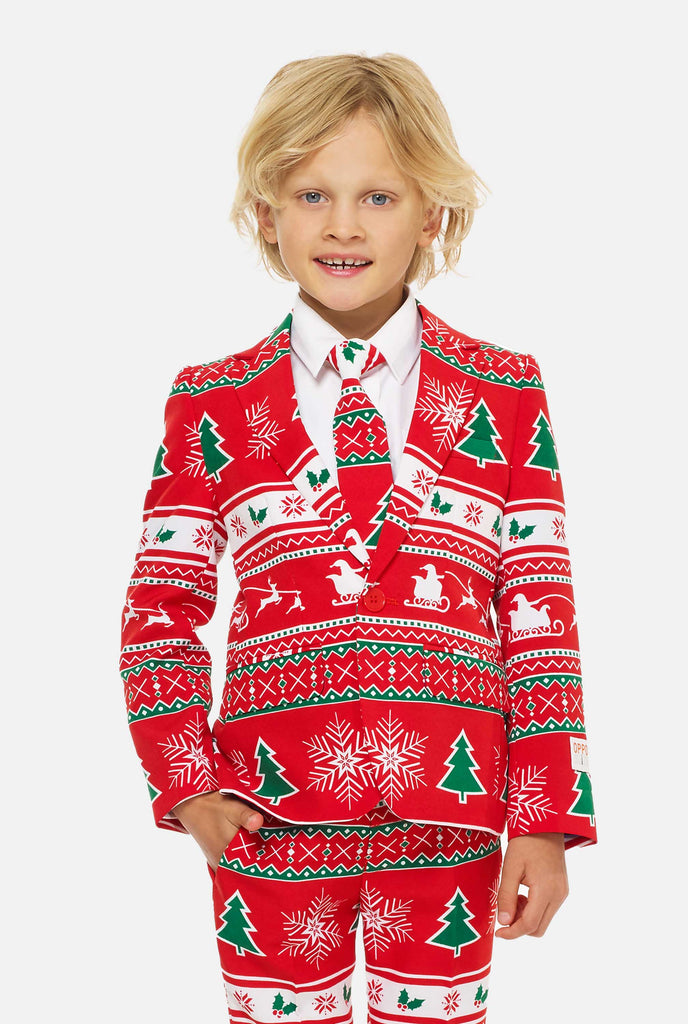 Red christmas suit for boys worn by boy