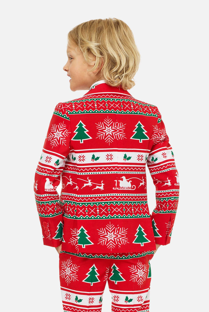 Red christmas suit for boys worn by boy from the back