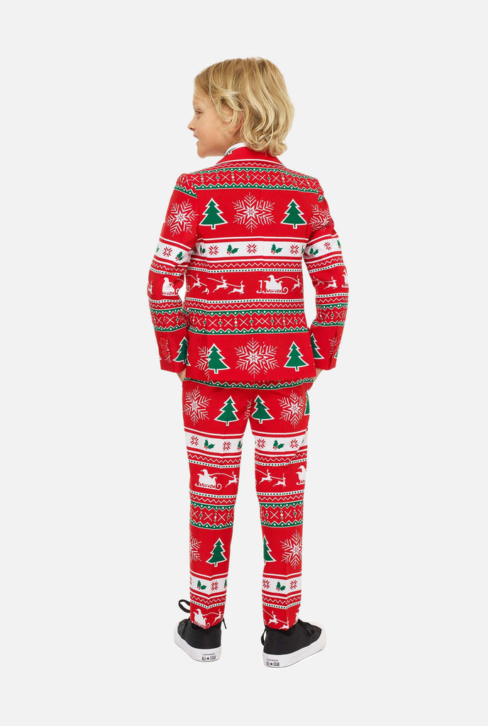 Red christmas suit for boys worn by boy from the back