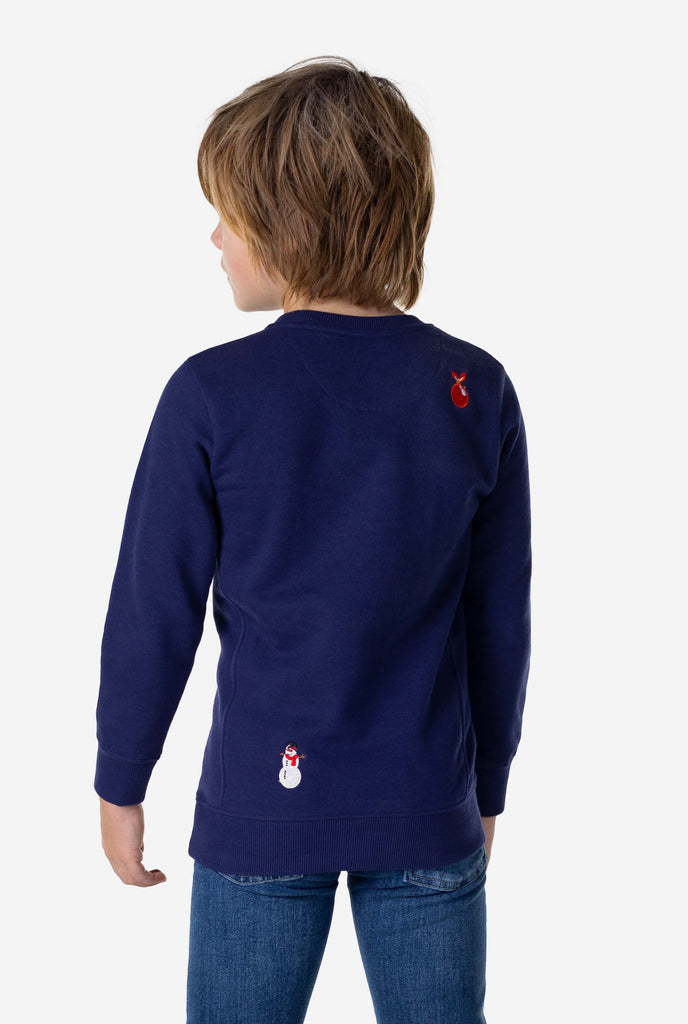 Kid wearing blue Christmas sweater with Christmas icons, view from the back