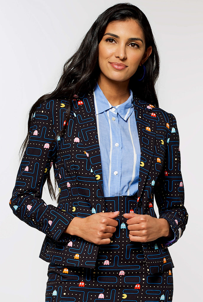 Woman wearing black blazer with Pac-Man print