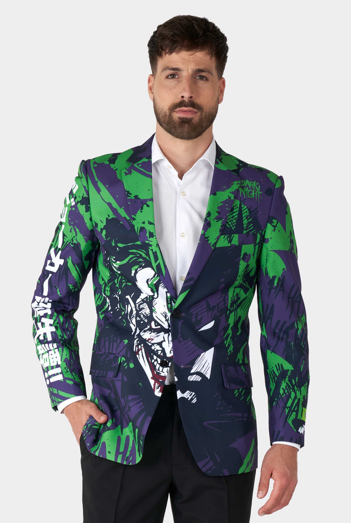 Man wearing purple and green batman vs Joker men's blazer