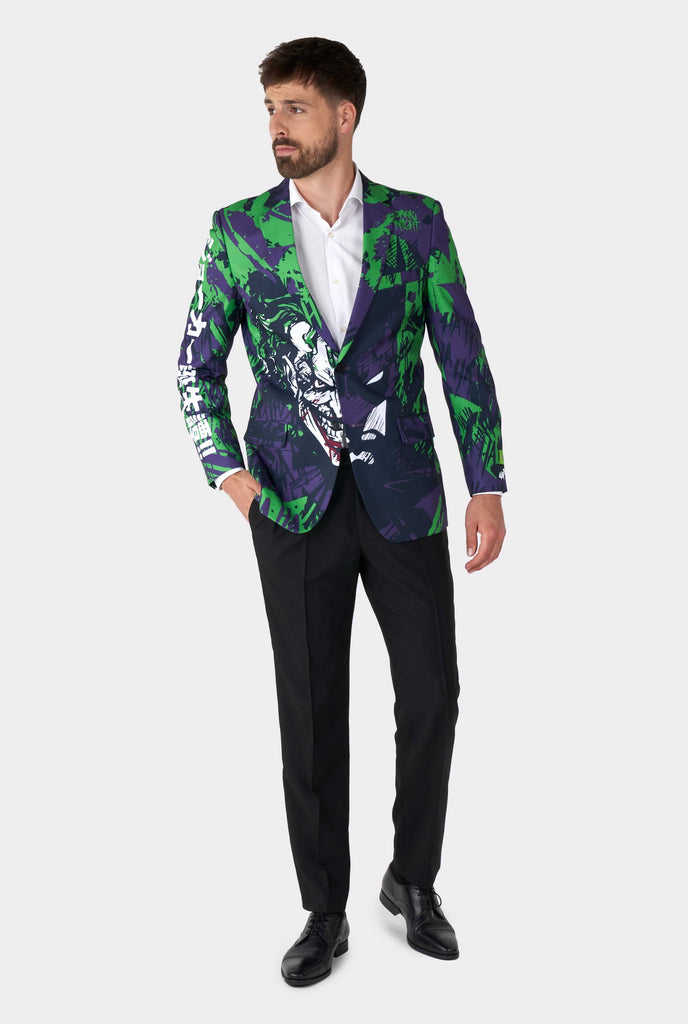 Man wearing purple and green batman vs Joker men's blazer