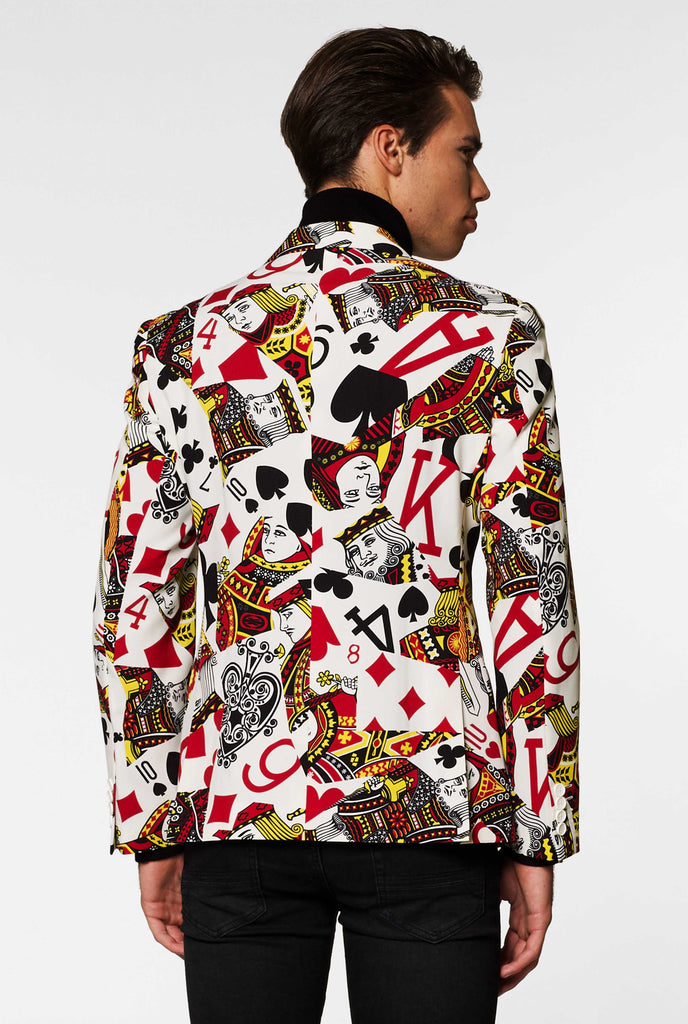 Playing cards print blazer King Of Clubs worn by man backside jacket