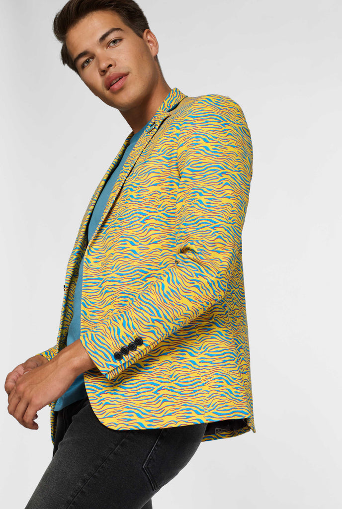 Yellow and blue zebra print casual blazer worn by man