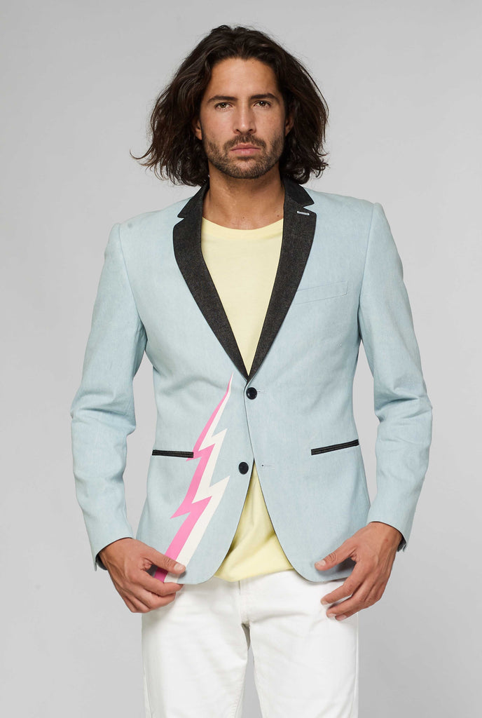 Blue casual blazer with white and pink lightning bolt worn by man