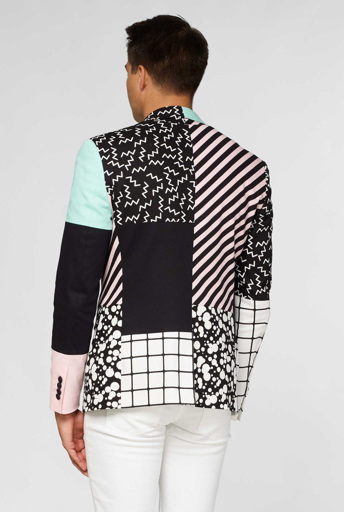 abstract pattern casual blazer inspired by Memphis group worn by man shown from behind