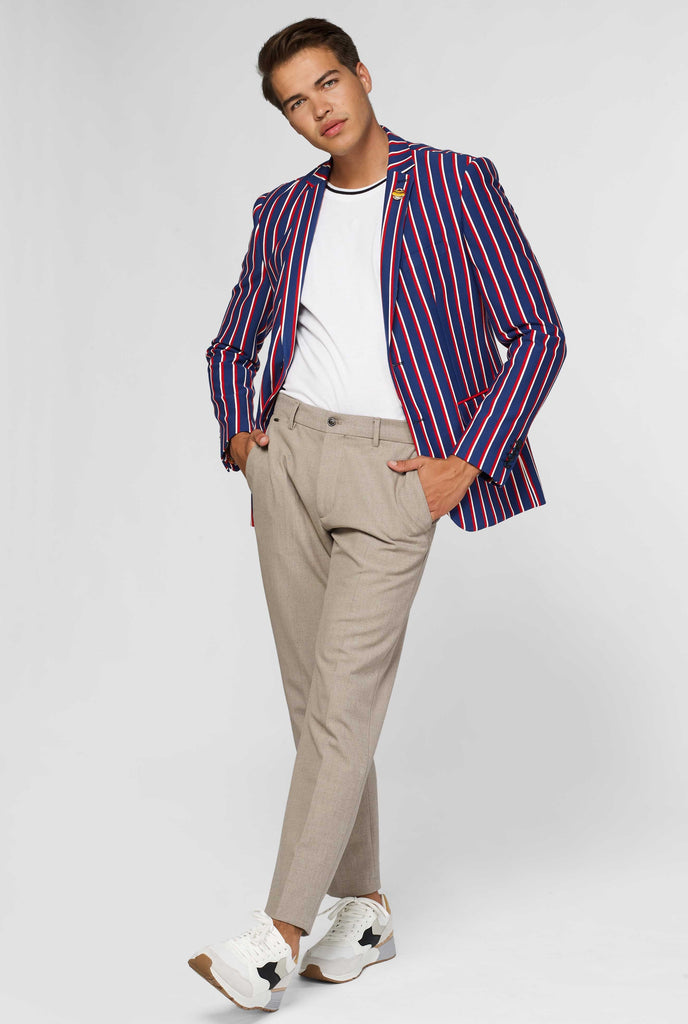 Red white and blue striped casual blazer worn by man