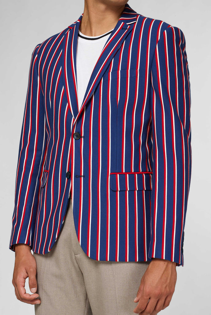 Red white and blue striped casual blazer worn by man