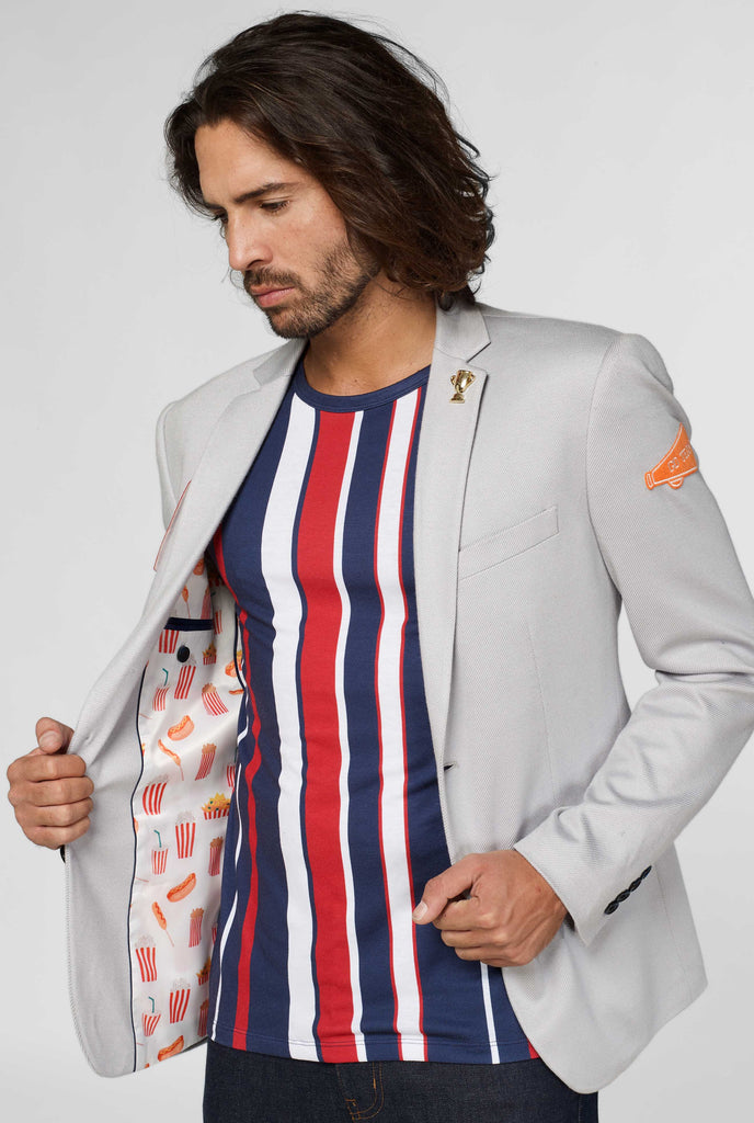 Grey sportswear blazer with sports patches with fastfood themed inner lining