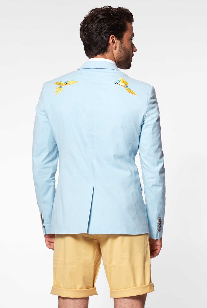 Blue casual blazer with parrot embroidery worn by man, view from the back