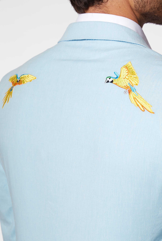 Blue casual blazer with parrot embroidery worn by man, close up from the back