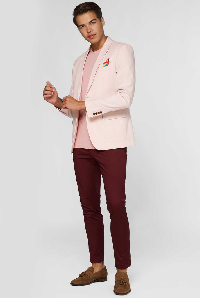 Pink blazer with parrot embroidery worn by man