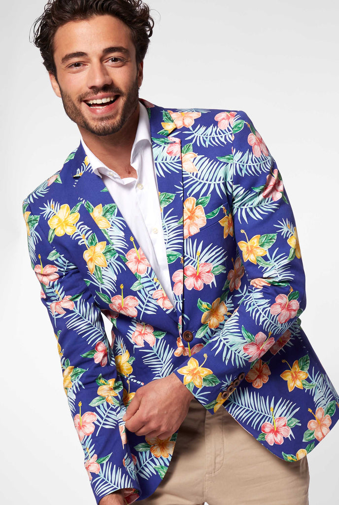 Blue casual blazer with flower print worn by man