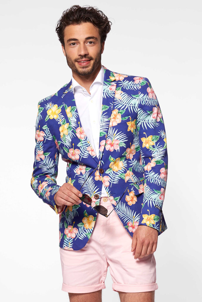 Blue casual blazer with flower print worn by man