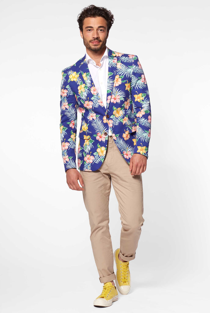 Blue casual blazer with flower print worn by man