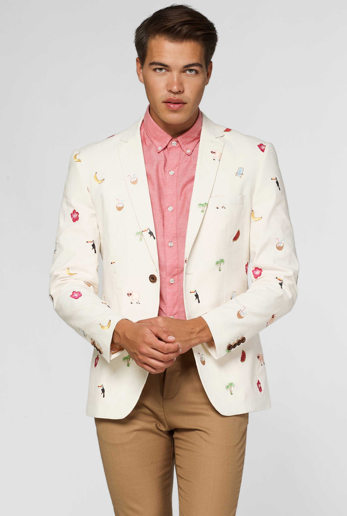 Off-white casual blazer with tropical embroidery worn by man