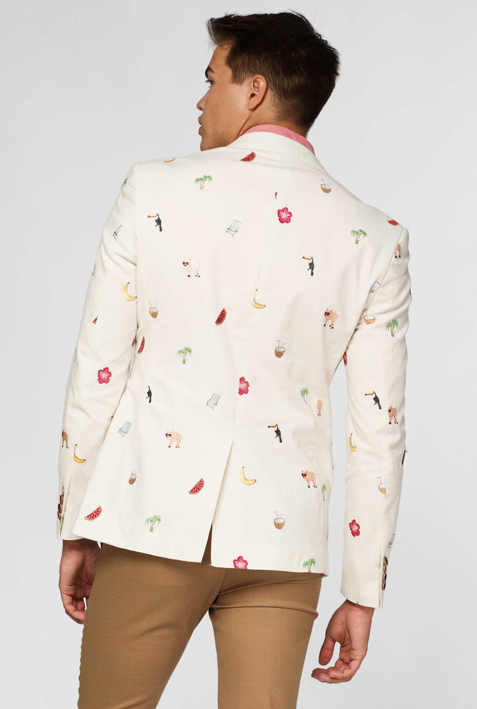 Back of off-white blazer with tropical embroidery worn by man