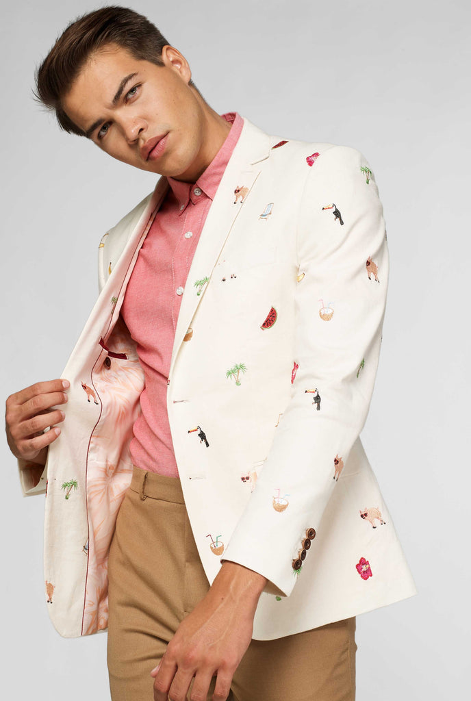 Off-white blazer with tropical embroidery worn by man showing inside of jacket