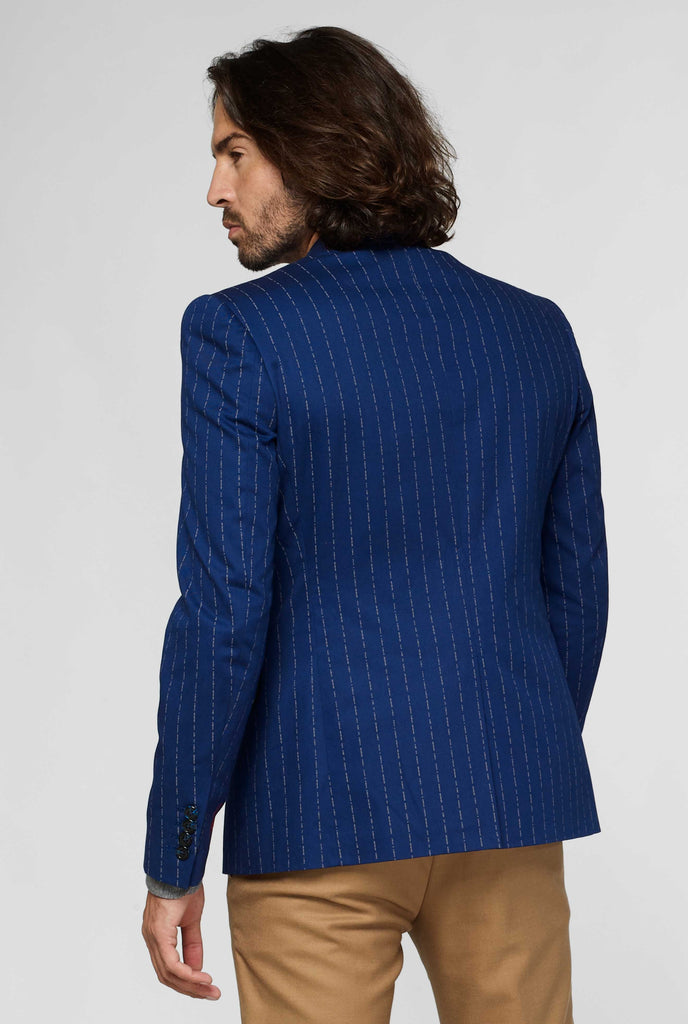 Navy blue captain style pinstripe blazer from the back