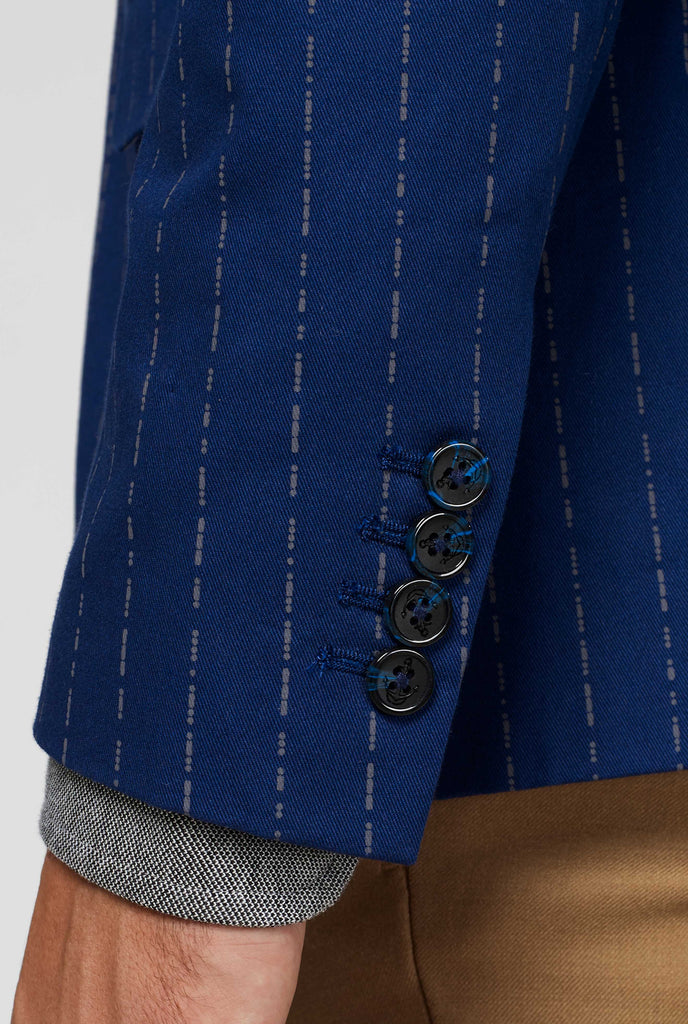 Navy blue captain style pinstripe blazer sleeve up close