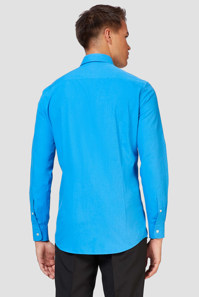 Blue long-sleeve shirt worn by man - back