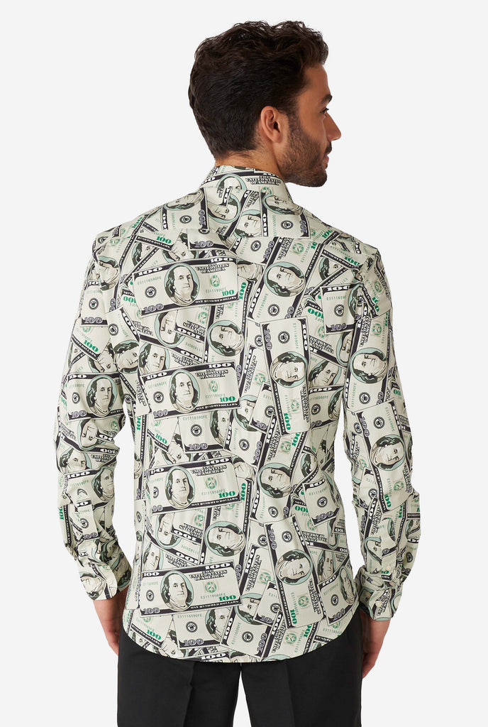 Man wearing shirt with dollar print, view from the back