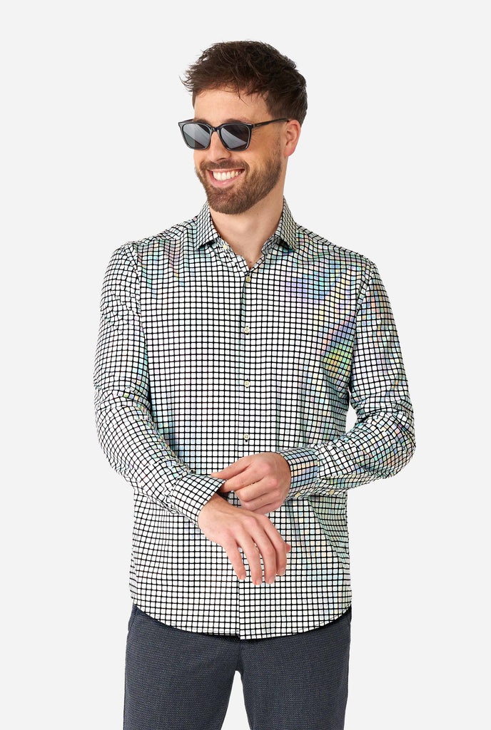 Man wearing dress shirt with mirror discobal print