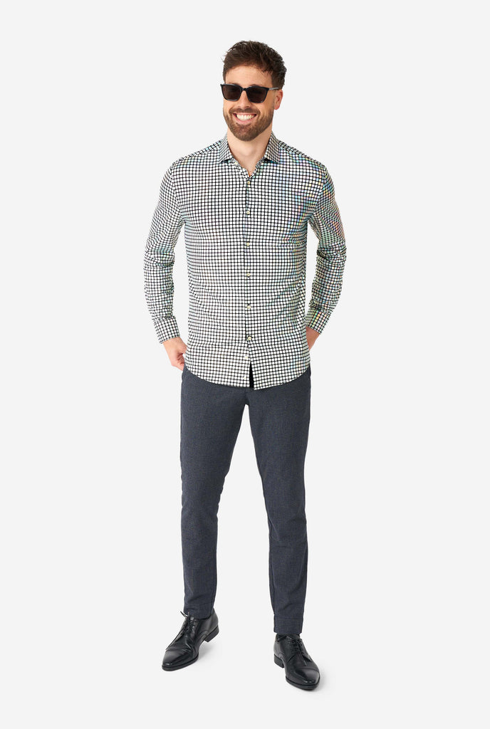 Man wearing dress shirt with mirror discobal print