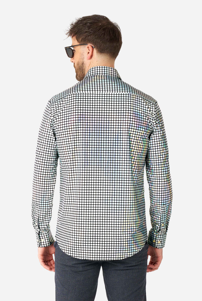 Man wearing dress shirt with mirror discobal print, view from the back