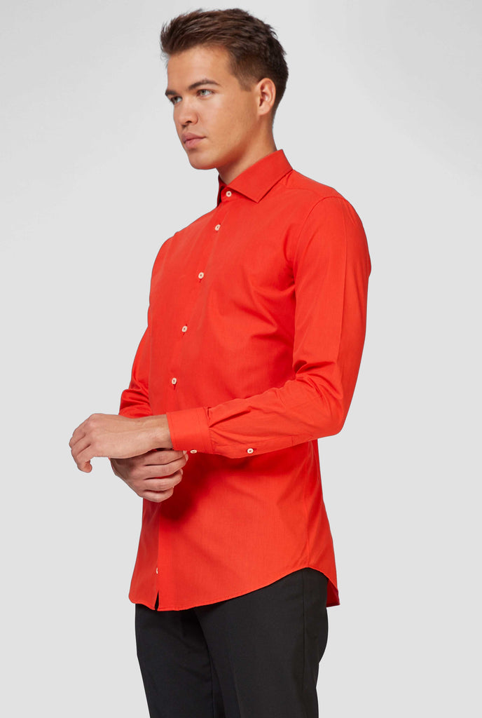 Man wearing red dress shirt