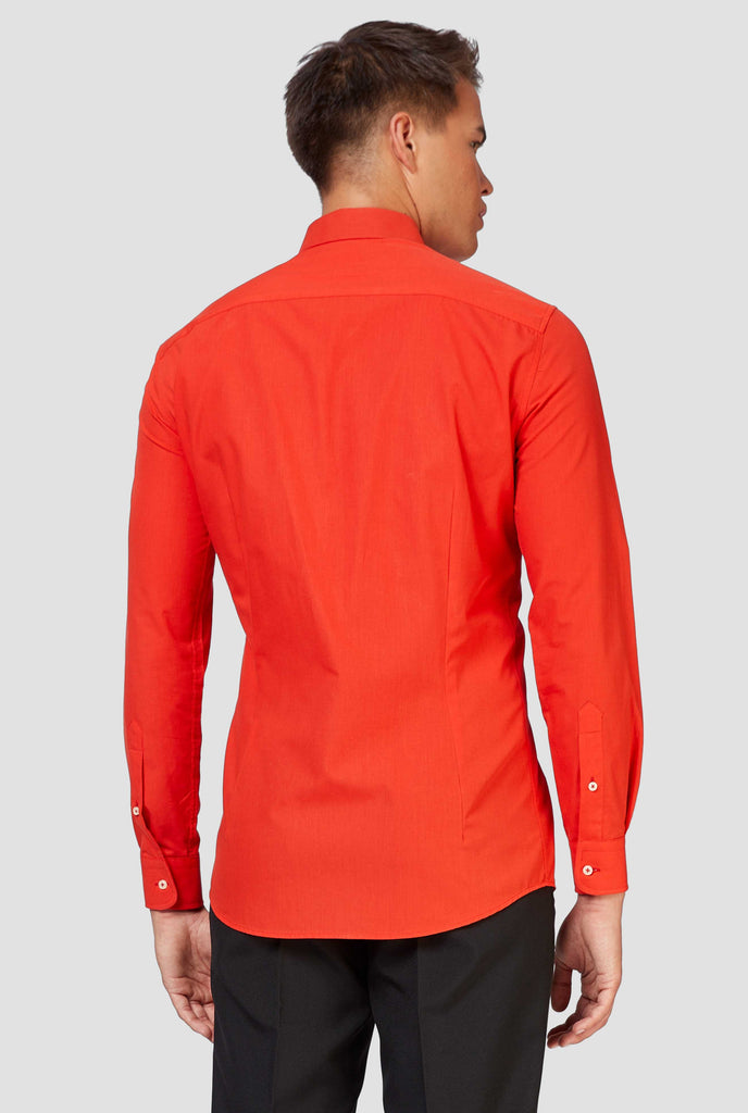 Man wearing red dress shirt