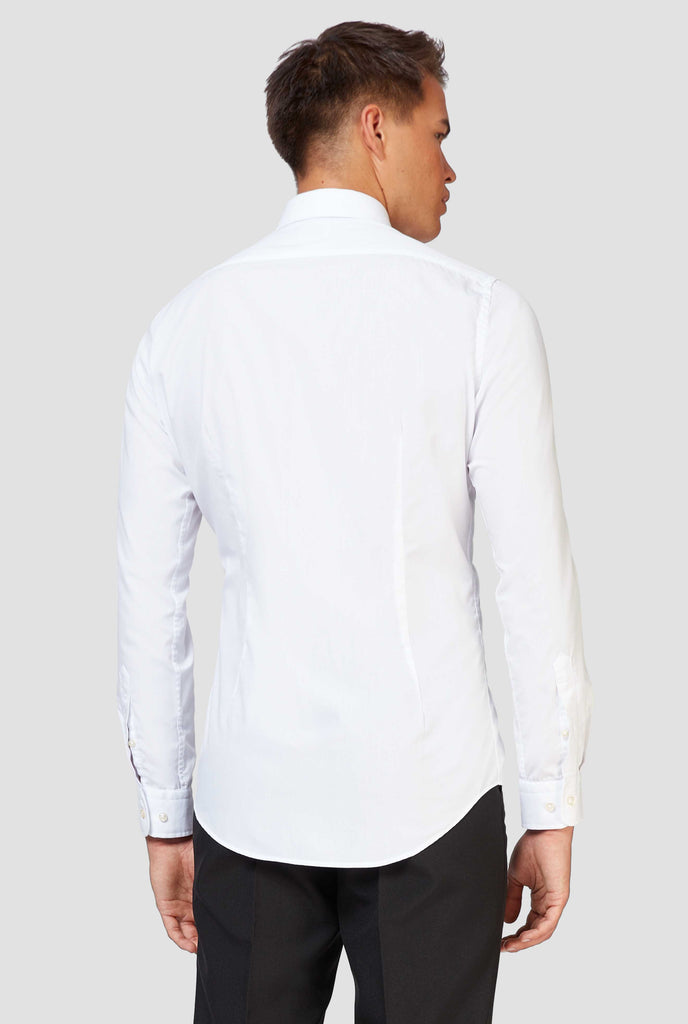 Man wearing white dress shirt, view from the back