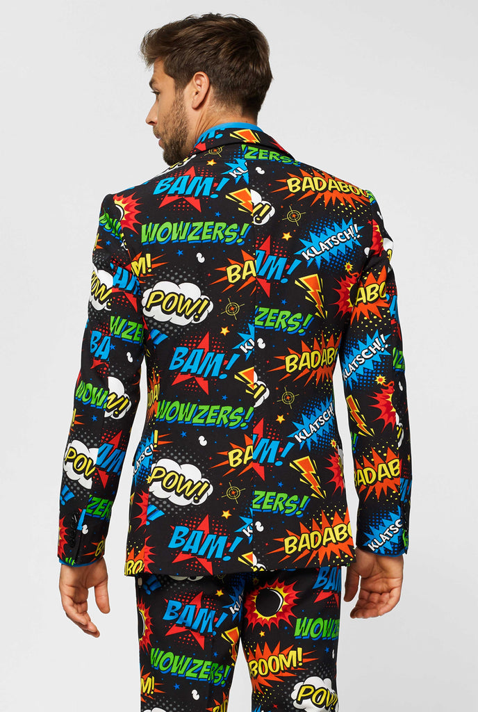 Black suit with comic book icons worn by man back side jacket