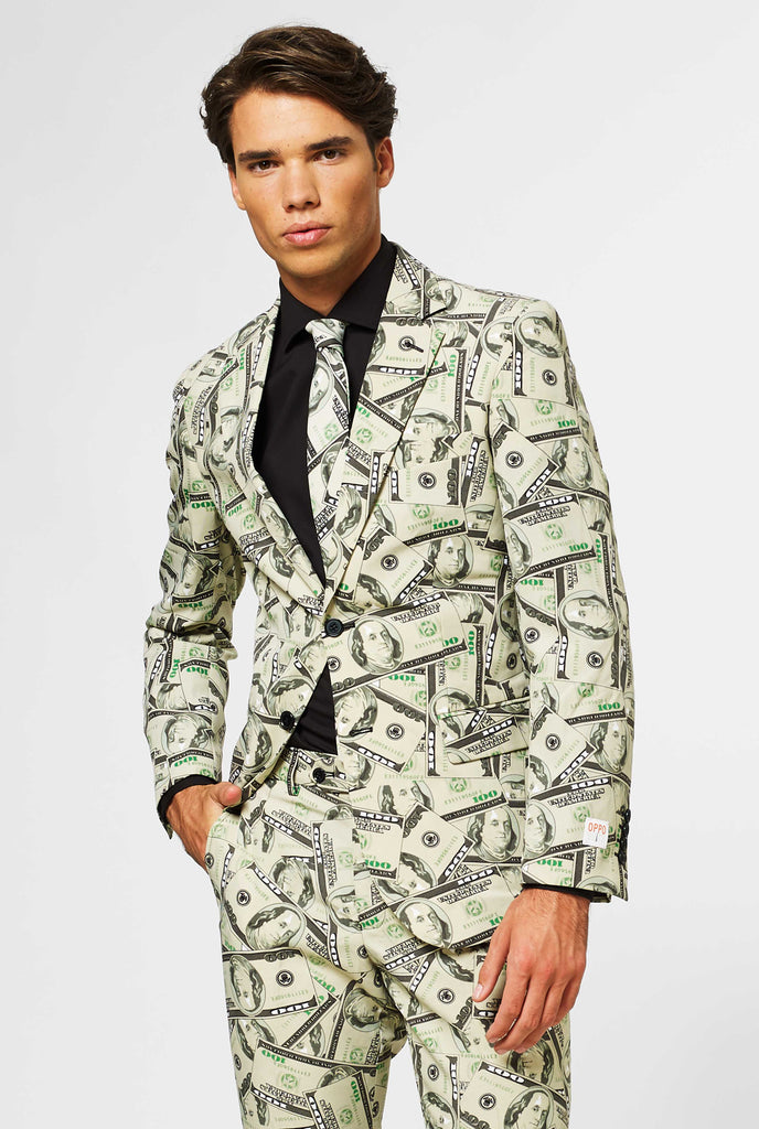 Man wearing men's suit with dollar, money print