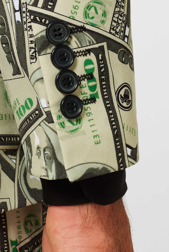 Man wearing men's suit with dollar, money print, sleeve close up