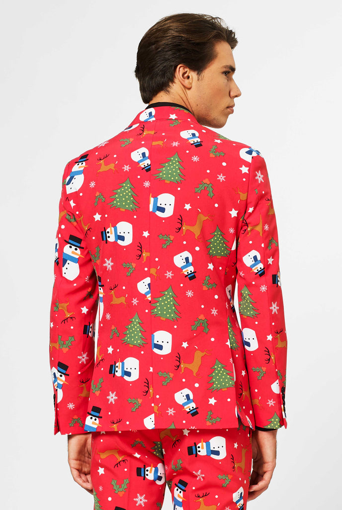 Man wearing Red Christmas men's suit, view from the back