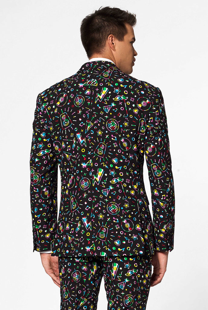 Funny Carnaval suit Disco Dude worn by man backside jacket