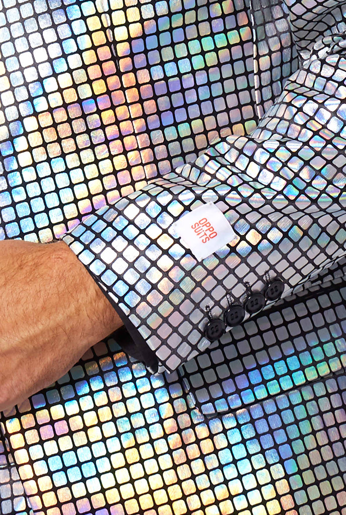 Man wearing Disco suit, sleeve close up 