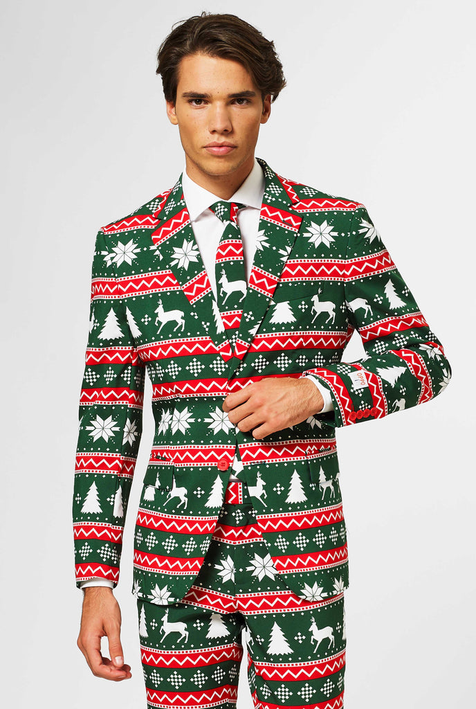 Green and red Christmas themed men's suit worn by man