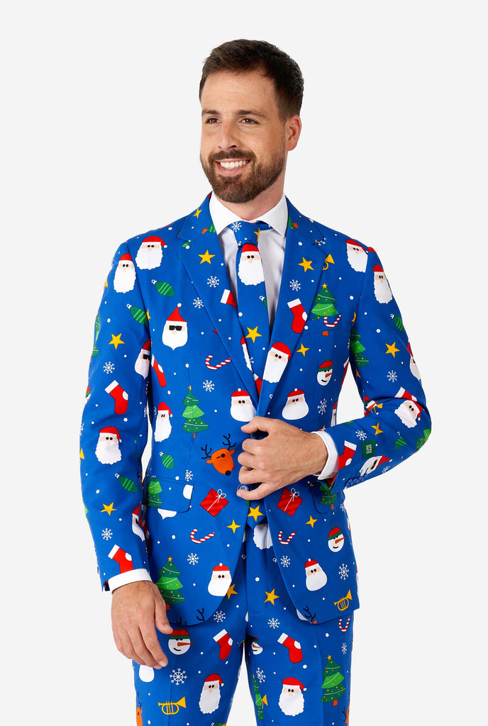 Man wearing blue Christmas suit