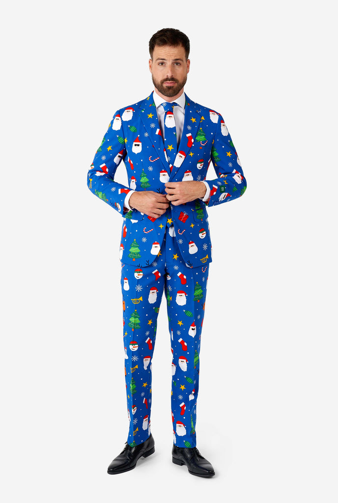 Man wearing blue Christmas suit