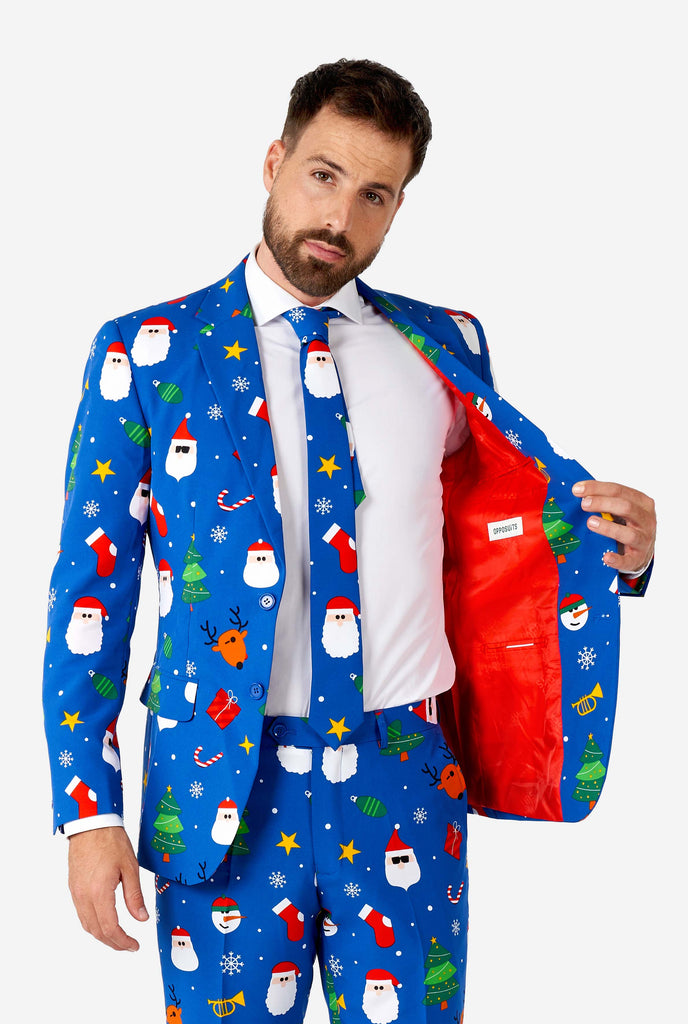 Man wearing blue Christmas suit