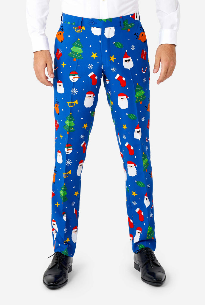 Man wearing blue Christmas suit, pants view